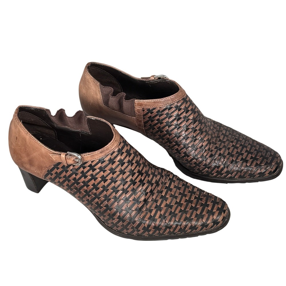 Brighton Brown Woven Leather Shooties 9.5N Block Heel Ankle Boots Womens